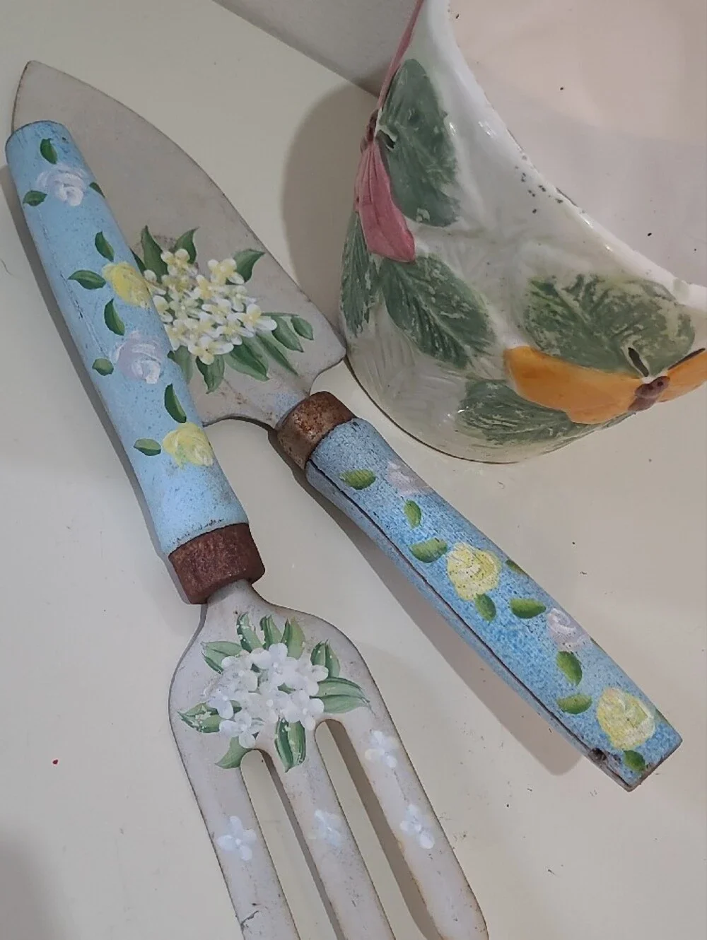 Hand-Painted Ceramic Planter with Floral Garden Tools - Blue & Yellow